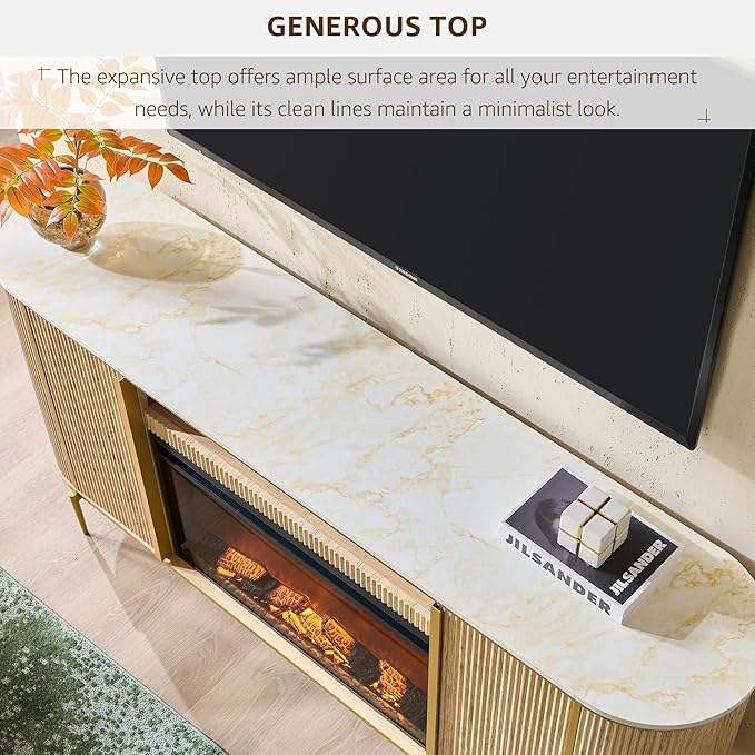 OKD Luxury 70 Fluted Fireplace TV Stand Modern Chic Entertainment Center for TVs Up to 80 inches TV Console with Faux Marble Top Curved Profile Design Media Console for Living Room Natural Oak