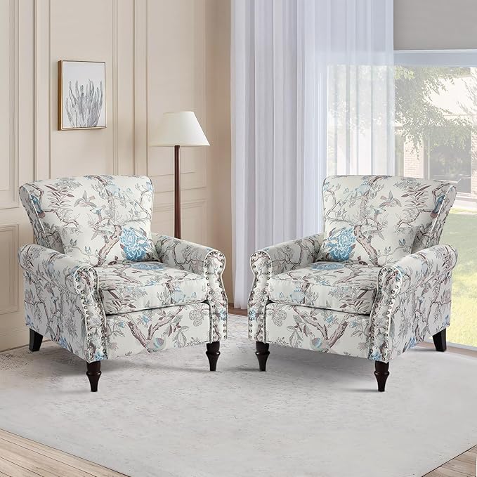 Oversized Floral Accent Chair Set of 2 Upholstered Living Room Armchair with Wooden Legs Comfy Reading Lounge Chair for Bedroom Home Office (Floral &amp Bird Pattern)