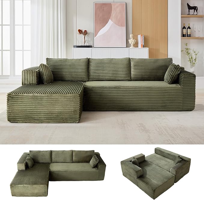 110 Modular Sectional Sofa Cloud Sectional Couch with L-Shape Chaise Modern Modular Couches with Deep Seat Corduroy Sponge Compressed Sofa for Living Room No Assembly Required (Green)