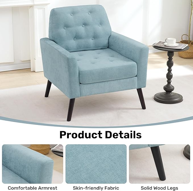 Accent Chair for Living Room Mid Century Modern Reading Chair Upholstered Armchair with Tufted Back &amp Wood Legs Single Sofa Side Chair for Bedroom Small Room Office Apartment Teal Green