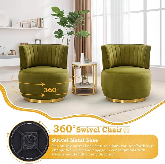 SLEERWAY 360° Swivel Barrel Chair Modern Velvet Round Accent Chair Comfy Upholstered Small Armchair with Gold Metal Base for Living Room Bedroom Nursery Office Sillas para Sala Olive Green
