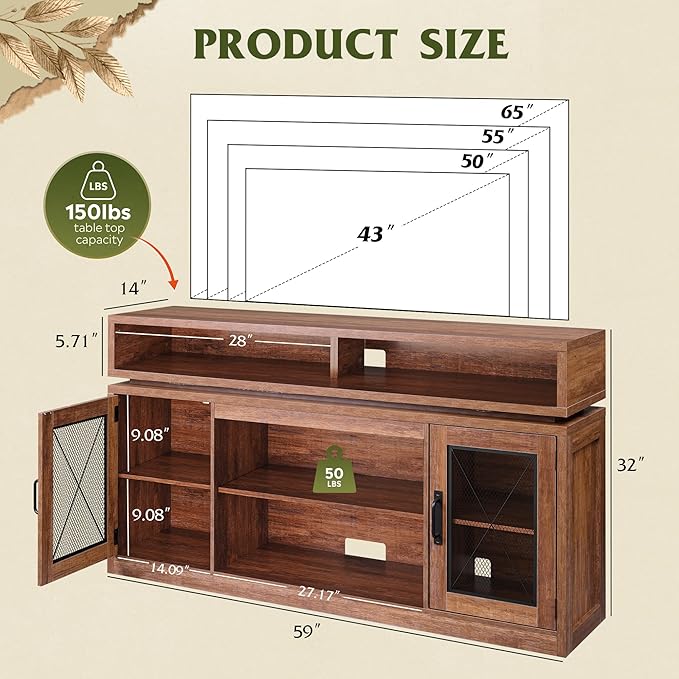 WLIVE Farmhouse TV Stand for TVs Up to 65 Inches Tall Entertainment Center with Storage Cabinets &amp LED Lights Media Console for Living Room Bedroom Home Theater Rustic Brown