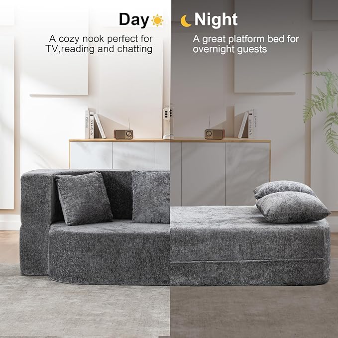 2 in 1 Convertible Sofa Bed 78.8 Modern Loveseat Sofa Couch Curved Folding Sleeper for Living Room Apartment Small Space No Assembly Required Grey