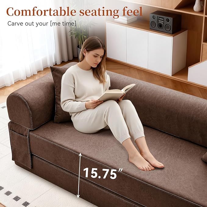 4-in-1 Folding Convertible Sofa Bed 78 Inch Faux Leather Boneless Couch Loveseat Sleeper with Pull Out Bed Floor Sofa Modular Futon Teddy Sofa for Living Room Bedroom Lounge Brown