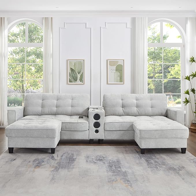 126 U Shaped Cloud Couch Sectional with Storage Ottomans Modular Sectional Sofa with Console for Living Room Modern Comfy Couch with Bluetooth Speaker/LED Light/Charging Station (Light Grey)