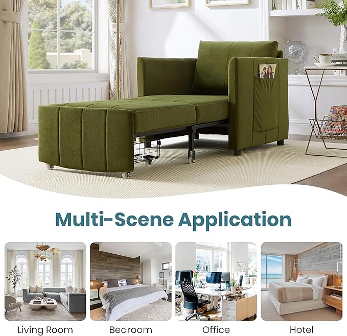 Merax Convertible Chair Bed 3-in-1 Pull Out Sleeper Couch with Adjustable Backrest Side Pockets and a Storage Basket Chenille Folding Sofa Bed for Living Room Apartment Green