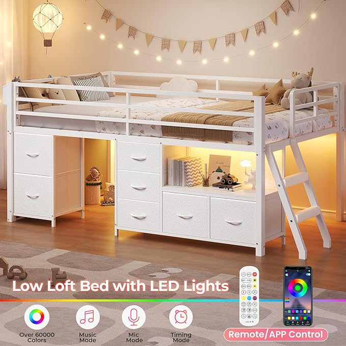 ADORNEVE Low Loft Bed Twin Size with 7 Storage Drawers Bookcase and LED Lights Metal Kids Loft Bed with 14 H Safety GuardrailInclined Ladder and Play Curtain Under-Bed Play Space White