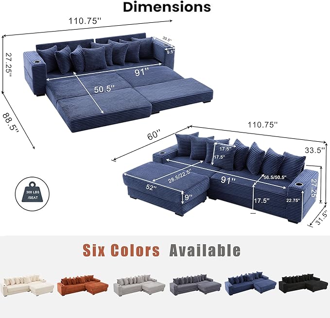 111 Inch Sleeper Sofa Bed | Convertible Cloud Sectional Couches for Living Room | L-Shaped Couch with Cup Holder Side Pocket 8 Pillpws | Blue