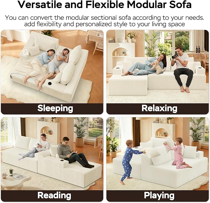 105 Modular Sectional Sofa L-Shaped Couch for Living Room Cloud Sofa with Deep Seat Memory Foam and Oversized Chaise Plush Corduroy Boneless Couches No Assembly Required White