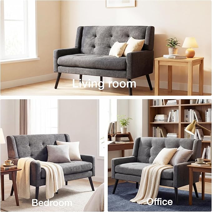 Mid-Century 47 Small Loveseat Sofa Plush Linen Fabric with Button Tufted High Back and Solid Wood Legs for Apartment Living Room Bedroom Home Office (Dark Grey 2-Seater)