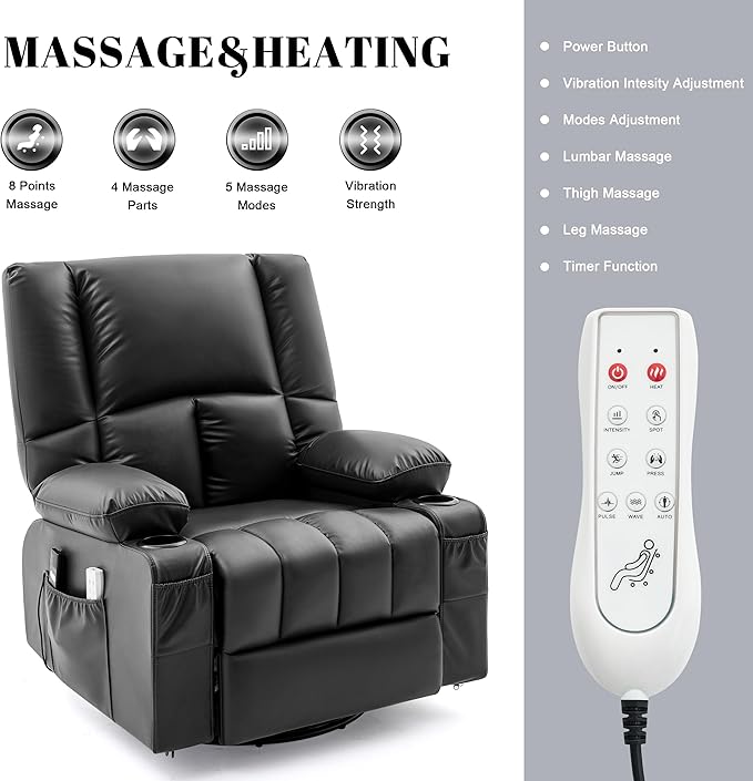 Oversized Recliner Chairs for Adults 270° Swivel Rocker Recliner with Heat and Massage Lazy Boy ReclinerRecliner Chairs Single Sofa Seat with Cup Holders (BlackElectric)