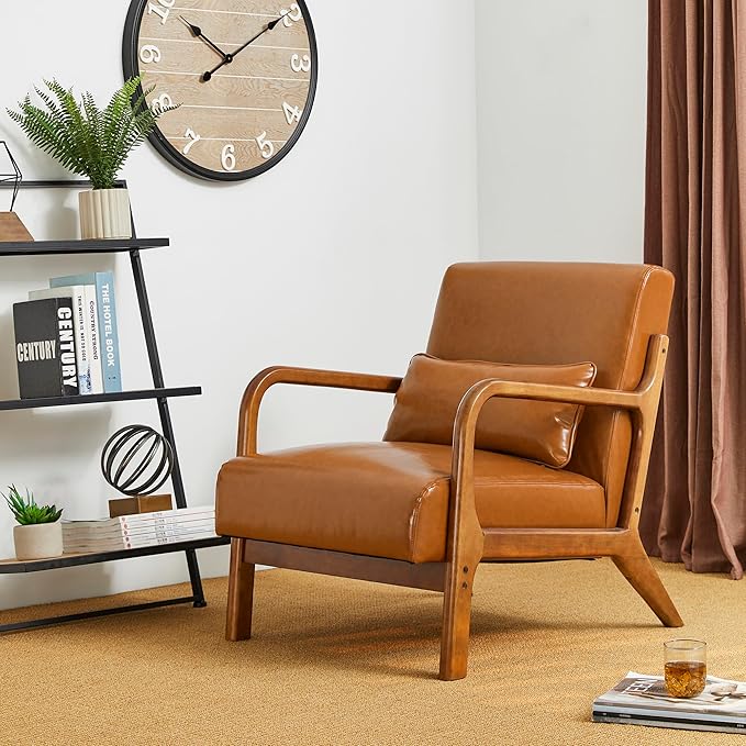 Glitzhome 30 H Mid Century Yellowish Brown Accent Armchair Single Reading Sofa PU Leather Lounge Chair with Walnut Ruberwood Frame for Livingroom or Office