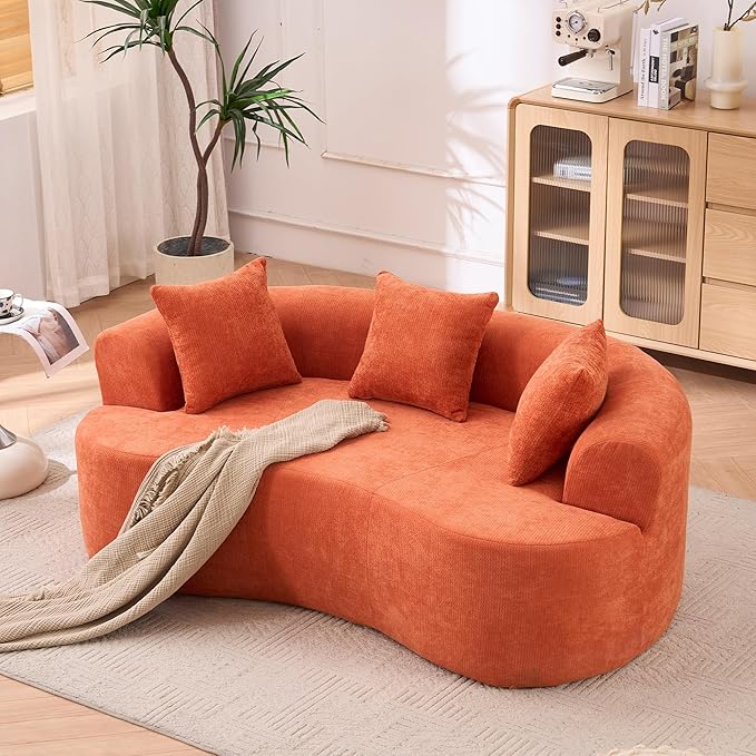 KEIKI 79 Modern Crescent Sofa for Entertainment Rooms Deep-Cushion Low-Back 3-Seater with Self-Inflating Foam No-Assembly Chenille Couch for Movie Nights &amp Gaming Comfort
