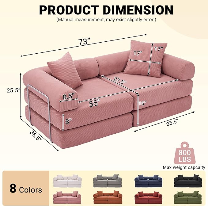 73 Convertible Sleeper Sofa Bed Corduroy Boneless Couch in a Box 4-in-1 Folding Mattress Loveseat Couch Comfy Modular Foldable Floor Sleeper Sofa with 2 Pillows and Fixed-Shape Frame (Pink 73)