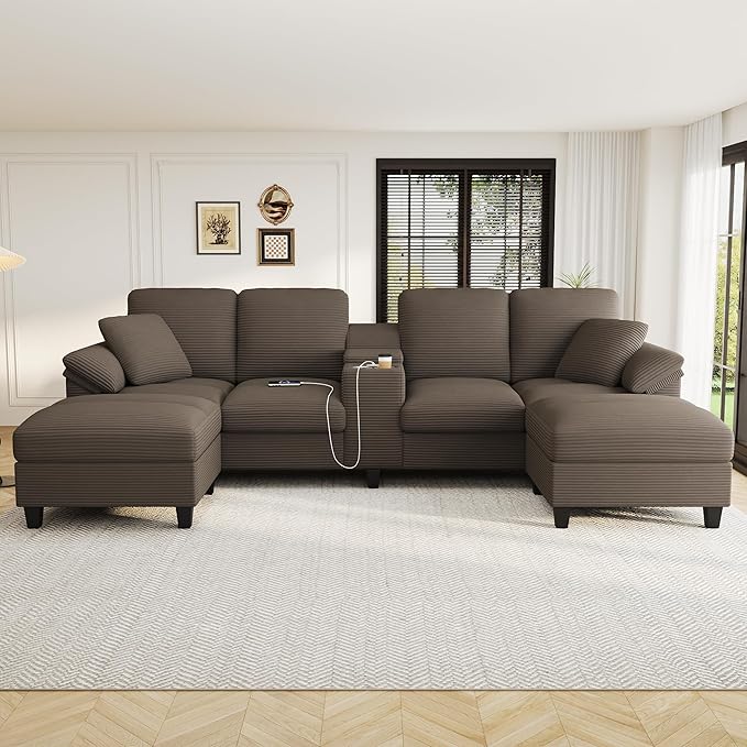 Merax 116.9 Modern U-Shaped Sofa Sectional Sofa Corduroy Upholstered Sofa Couch with Storage Ottomans Cup Holders and USB Ports for Living Room Brown