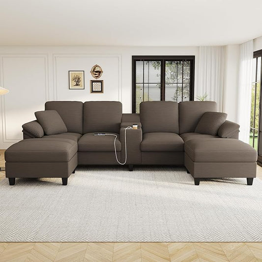 Modern U-Shaped Sofa 116.9 Sectional Sofa Corduroy Upholstered Sofa Couch with Storage Ottomans Cup Holders and USB Ports for Living Room (Brown-X70)