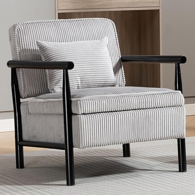 Grey Accent Chair with Storage for Living Room 24 W Mid Century Modern Chair with Cushion Upholstered Corduroy Reading Chair with Wooden Legs Comfy Arm Chairs(Grey)