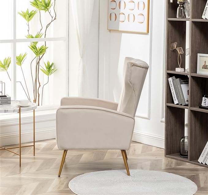 Modern Velvet Accent Chair Channel Tufted Bedroom Office or Living Room Furniture with Elegant Metal Legs 26 Wide Armchair Beige