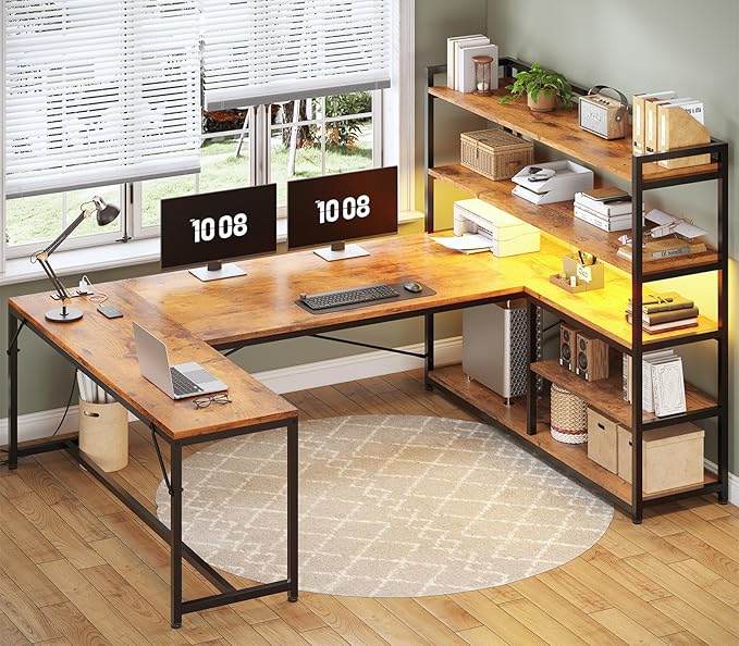 SEDETA L Shaped Desk with Storage Shelves 63” Reversible U Shaped Office Desk Gaming Desk with Power Outlet and LED Lights for Home Office Rustic Brown