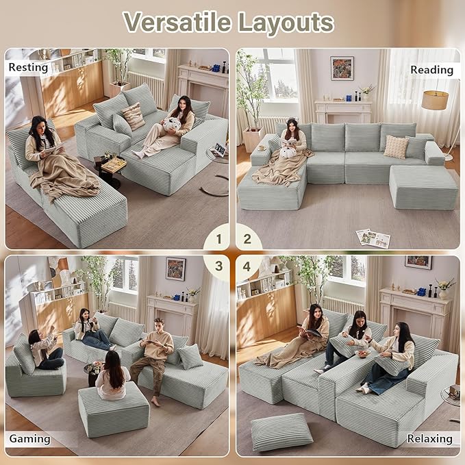 135 L-Shape Sofa with Ottoman Modern Modular Sectional Comfy U-Shape Cloud Couch Deep Seat Upholstered Corduroy Sleeper Chaise Longue for Living Room Bedroom No Assembly Required Grey