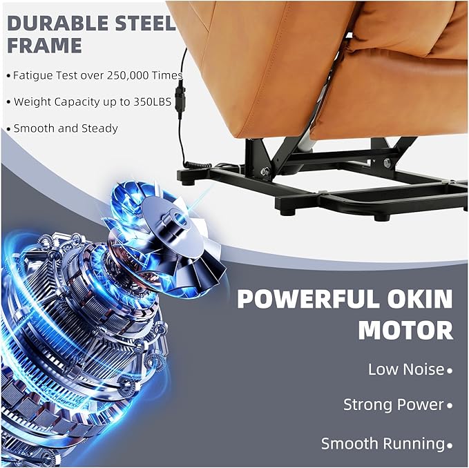 Power Lift Recliner Chair for Elderly Electric Recliner Chairs for Adults with Massage and Heat Cup Holders Remote Control USB Ports Side Pockets Leather (Golden Orange)