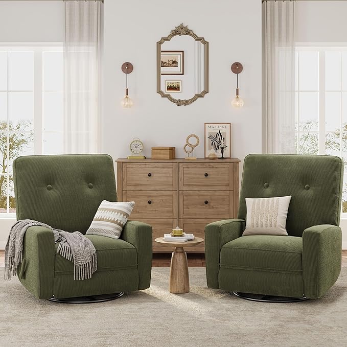 GarveeHome Recliner Chairs Swivel Rocker Recliner Glider Recliner Nursery Chair for Adults 360° Swivel Glider Rocking Chair for Living Room Bedroom Office RV Small Spaces Corduroy Green