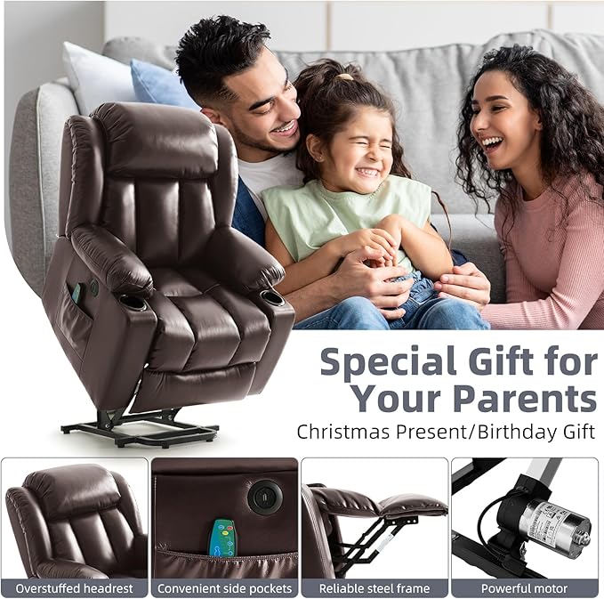 Power Lift Recliner Chair for Elderly Electric Recliner Chairs for Adults with Massage and Heat Cup Holders Remote Control Side Pockets USB Ports Leather (Brown)