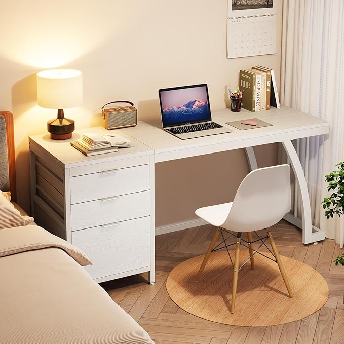 Tribesigns Computer Desk with 3 Drawers 59-Inch PC Desk with Reversible Drawers Industrial Study Writing Table Workstation with File Storage for Home Office White