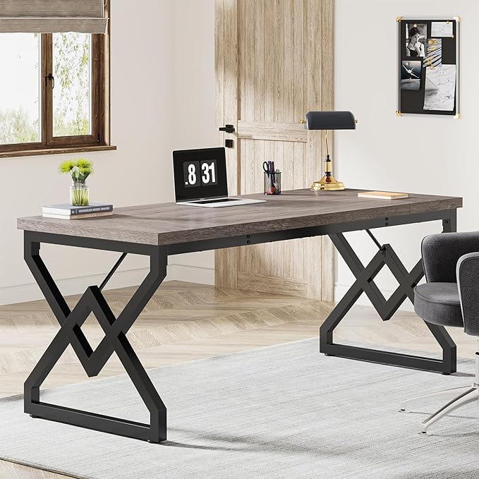 Tribesigns 63 Inch Executive Desk Large Office Computer Desk with Extra Thick Wooden Tabletop and Metal Frame Modern Simple Workstation Writing Table Study Desk for Home Office Gray