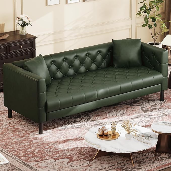 GAOMON Leather Couch Handmade Button Tufted 3 Seater Sofa Chesterfield Sofa with Deep Seat and 2 Pillows Leather Sofa for Living Room Apartment Office Green