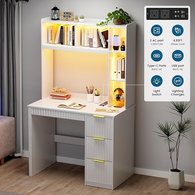 Home Office Desk with Hutch &amp LED Lights - 39 Computer Desk with Charging Station 3 Large Drawers Hidden Compartment &amp Fluted Panel DesignWhite Writing Desk for Bedroom Study