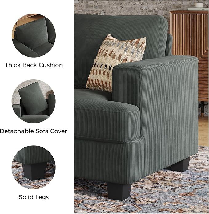 63 Inch Sofa with Extra Deep Seats Oversize Corduroy Fabric 2 Seater Sofa for Living RoomModern Couch and Loveseat Comfy Armrests and Seats and Backrests Easy Installation Dark Gray