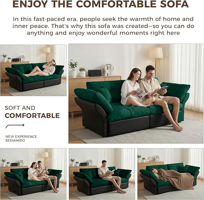 74.8 Queen Pull Out Couch BedVelvet Convertible Pull-Out Sofa Bed with Side Pockets3-in-1 Queen-Size Sleeper SofaSleeper Loveseat for Living RoomApartment Offices（Green）