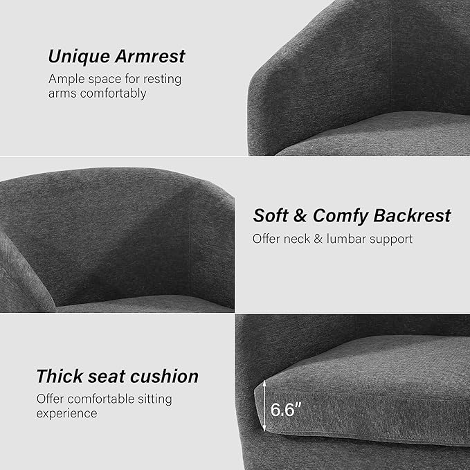 Swivel Barrel Chair Modern Round PU Leather Accent Armchair for Living Room Bedroom Oversized Comfy Club Reading Chairs for Adults (Chenille Grey Set of 2)