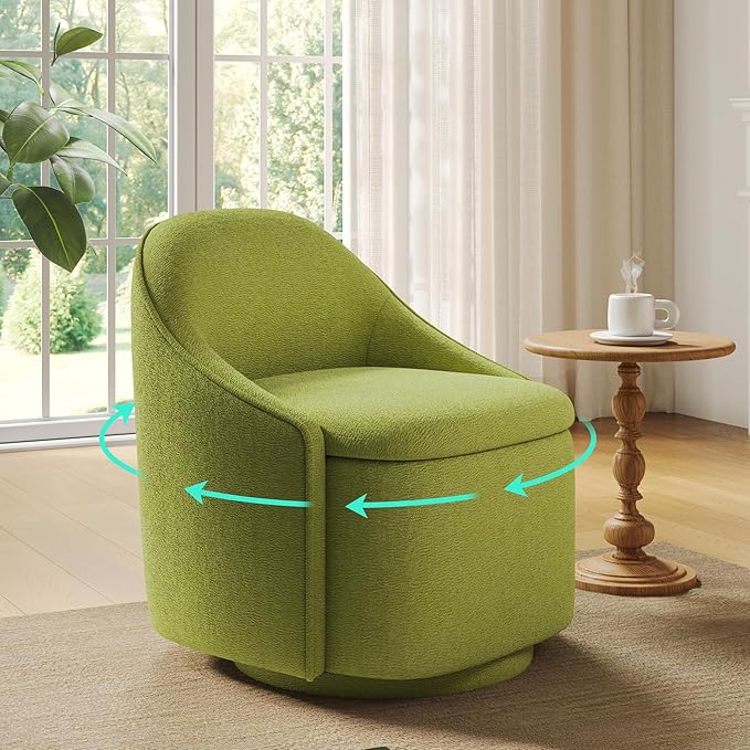 LINSY Swivel Accent Chair with Storage Comfy Chenille Barrel Chairs Small 360 Swivel Modern Armchair for Living Room Bedroom Boucle Reading Chair for Study Room (Green)