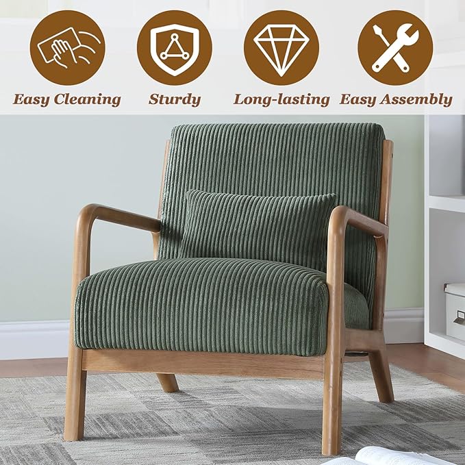 Midcentury Modern ChairWooden Green Accent Chair with PillowCorduroy Arm Chair for Living RoomBedroomSmall Rooms (Green)
