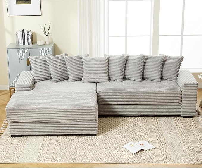 111'' Modern Sectional Sofa L-Shaped Corduroy Couch with Left Chaise Daybed Extra-Wide Oversized Lounge 8 Pillows Corner Sofa Set for Living Room Apartment Office Hotel Bedroom Grey