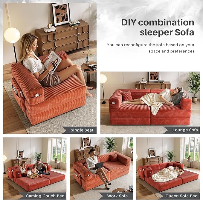 78 Compressed Convertible Sofa Bed Modular Corduroy Loveseat Sleeper with Fixed-Shape Frame Folding Mattress Couch with 2 Pillows for Living Room Bedroom Small Spaces No Assembly Needed Orange