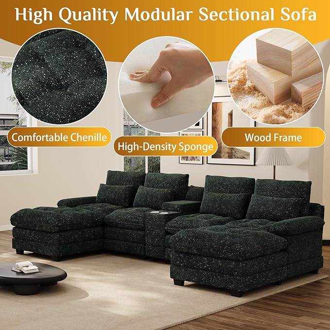 134 Oversized Green Sectional Couches for Living Room with Glitter Fabric Fluffy Couch with Chaise Lounge&ampTufted Buttons U Shaped Sofa Set Chenille 6 Seater Couch with 2 Ottoman &amp Storage