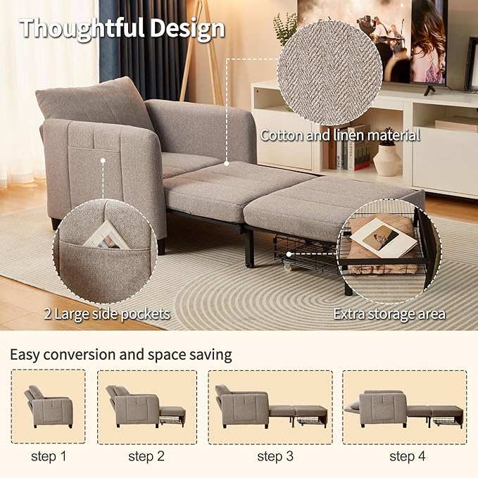 Sleeper Chair 84 Extra Long Convertible Chair Bed Upgraded 3-in-1 to 4-in-1 Pull Out Chair &amp Single Sofa Bed for Adult Sleeping Chair for Living Room Small Space (Light Grey)