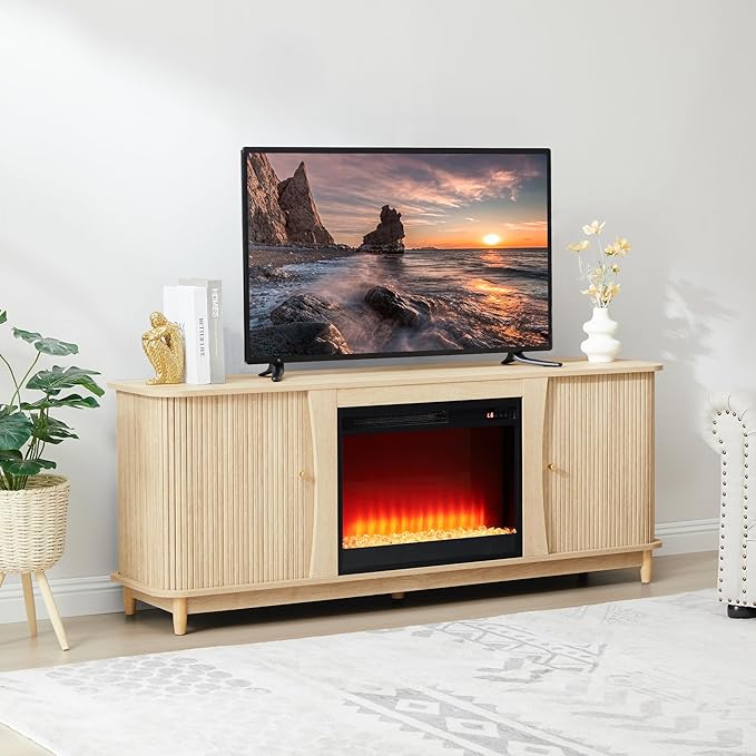 Fireplace TV Stand Fluted TV Stand with Storage and Sliding Door Farmhouse Entertainment Center Media Console Table for Living Room (Natural)