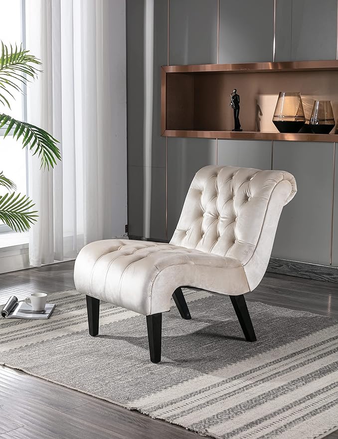 Modern Armless Living Room Chair/Leisure ChairUpholstered Fabric Button Comfortable Chair with Wooden Legs for Bedroom Living Room Office (Beige)