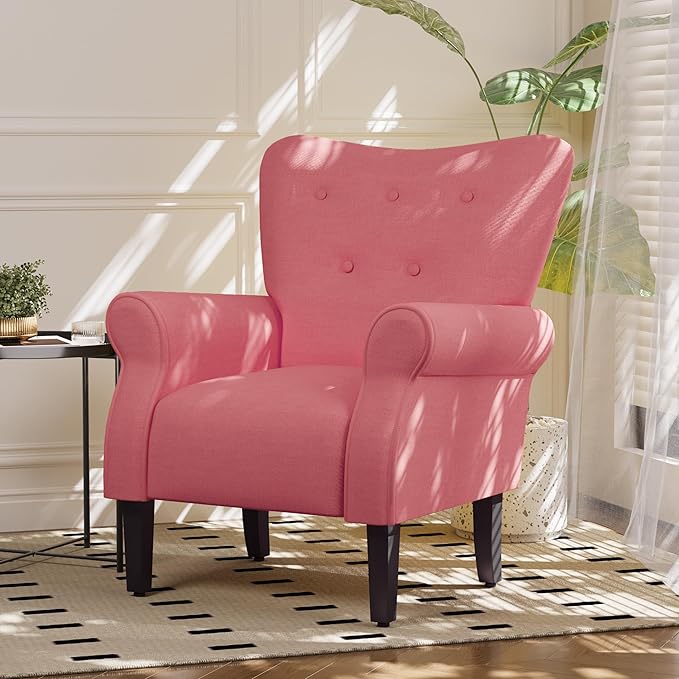 MELLCOM Mid Century Wingback Arm ChairModern Upholstered Fabric High Back Accent Chair with Wood LegsUpholstered Single Sofa Club Chair for Living Room Bedroom Home Office Brick