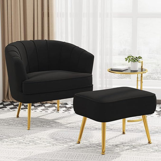 Velvet Accent Chairs with Ottoman for Living Room Bedroom Office Leisure Upholstered Single Sofa Chair Arm Chair Comfy Chair Reading Club Coffee Chair with Metal Legs Black