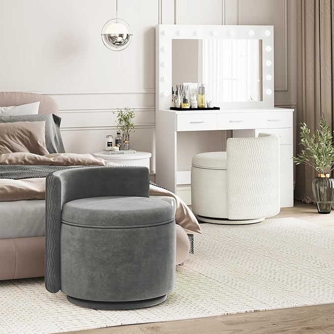 360° Swivel Accent Chair with Storage Vanity Stool with Back Velvet Storage Ottoman Upholstered Round Barrel Vanity Chair for Living Room Makeup Room Bedroom (Gray)