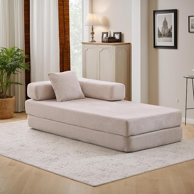 Convertible Couch Sofa Bed Foldable Floor Sleeper | Modern Fold Out Couch | Removable Backrest &amp Armrests | No Assembly Compression Sofa Sleeper for Living Room Bedroom | Corduroy Fabric Beige
