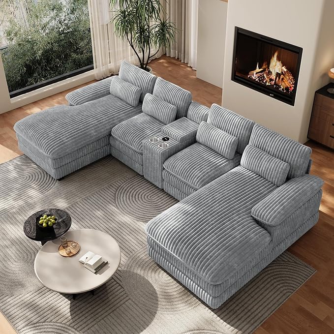 132 U Shaped Cloud Couch SectionalFluffy Plush 4 Seat Corduroy Sectional Couches for Living RoomComfy Corduroy Sofa with Double Chaise Lounge Storage Console Cup Holders USB Port（Grey）