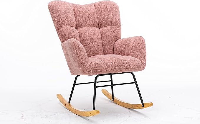 Mid Century Modern Teddy Fabric Tufted Upholstered Rocking Chair Padded Seat for Living Room BedroomPink