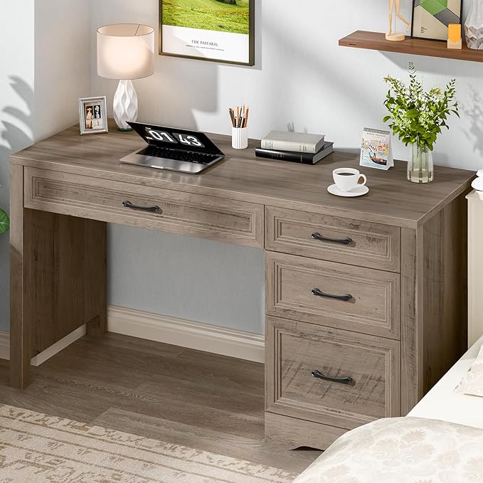 Vabches Farmhouse Executive Desk with Storage and Ample File Drawer Rustic Large Home Writing Desk for Bedroom Grey