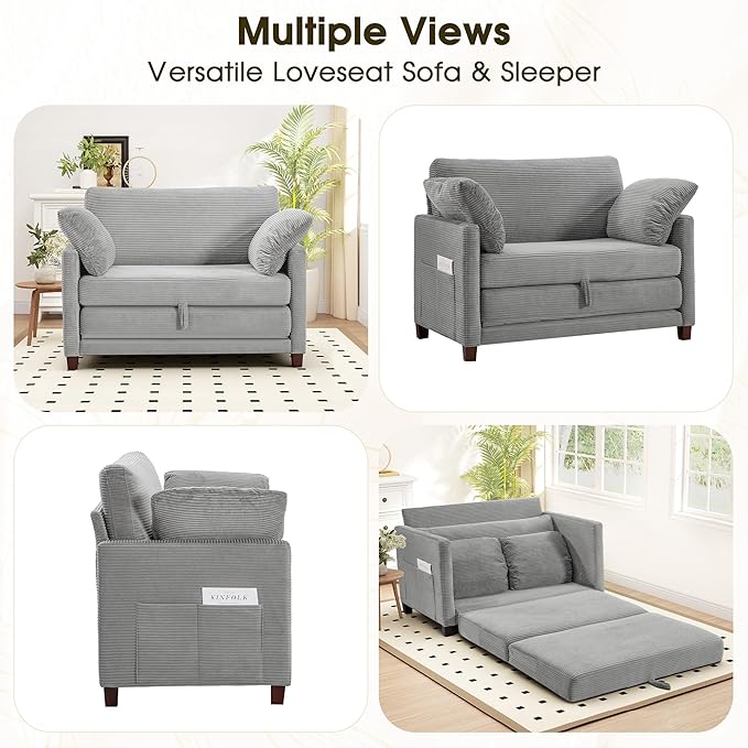51 Convertible Loveseat Sofa Bed 2-in-1 Folding Sofa Bed with 2 Pillow for Small Spaces Modern Loveseat Sleeper Couch for Apartment Living Room &amp Guest Room (Light Grey Corduroy 51 inch)